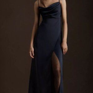 BHLDN REMY COWL-NECK FAUX-WRAP SATIN GOWN - Midnight - Size 14